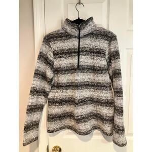 Lands' End 1/4 Zip Sherpa Black White Gray Ombre Stripe Pullover Sweater Size M